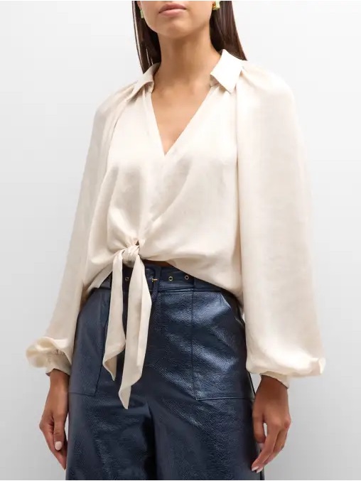 Tie-Front V-Neck Long-Sleeve Top In Ivory